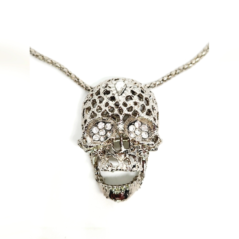 Rhinestone Skull Skeleton Pendant Statement Necklace Goth Silvertone Thick Chain